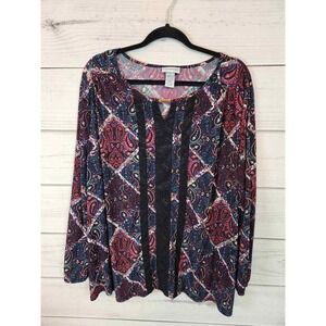 Catherines Plus Size 1X 18 20W Paisley Print Long Sleeve Keyhole Neck‎ Top